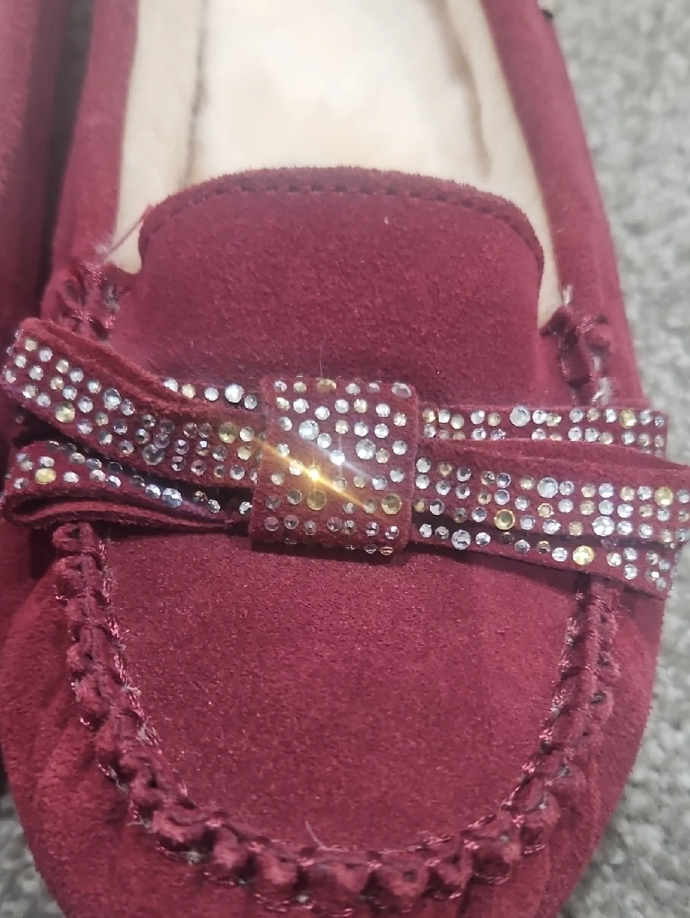 Bear Paw Rhinestone Bow Sheepskin Moccassin Slippers